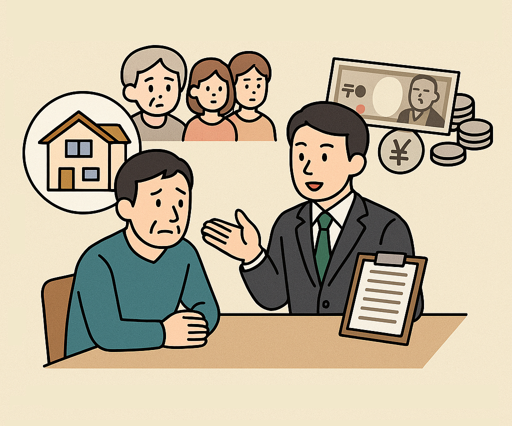 依頼者が弁護士に不動産相続について相談する様子。背後に母と妹2人のイメージが浮かぶ。