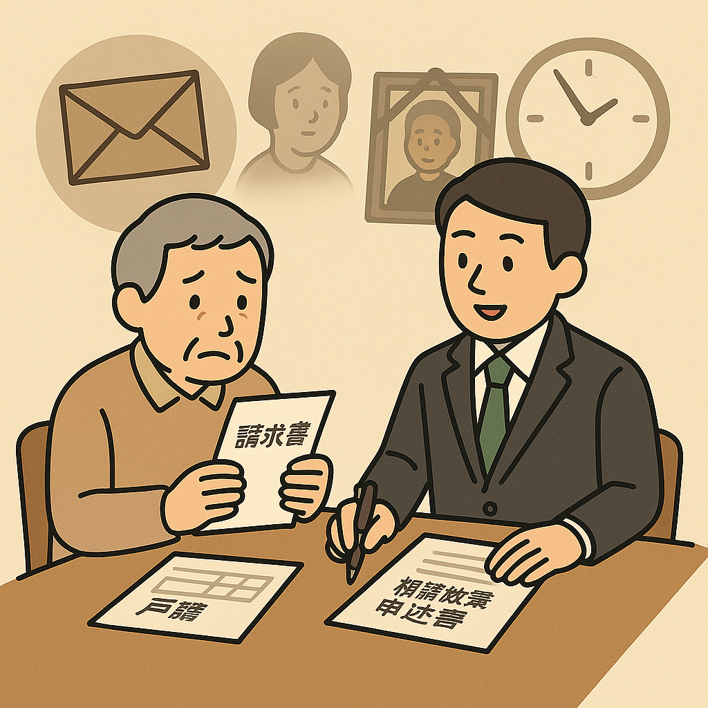 請求書が届いた相続人が弁護士に相談するイラスト