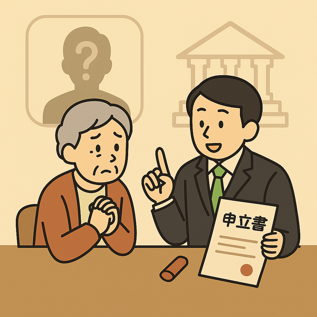 相続手続で行方不明の親族をめぐり弁護士と相談する高齢女性